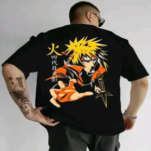 Minato Namikaze Oversized Drop Shoulder T-Shirt – Naruto Anime Streetwear for Men | Black Graphic Tee